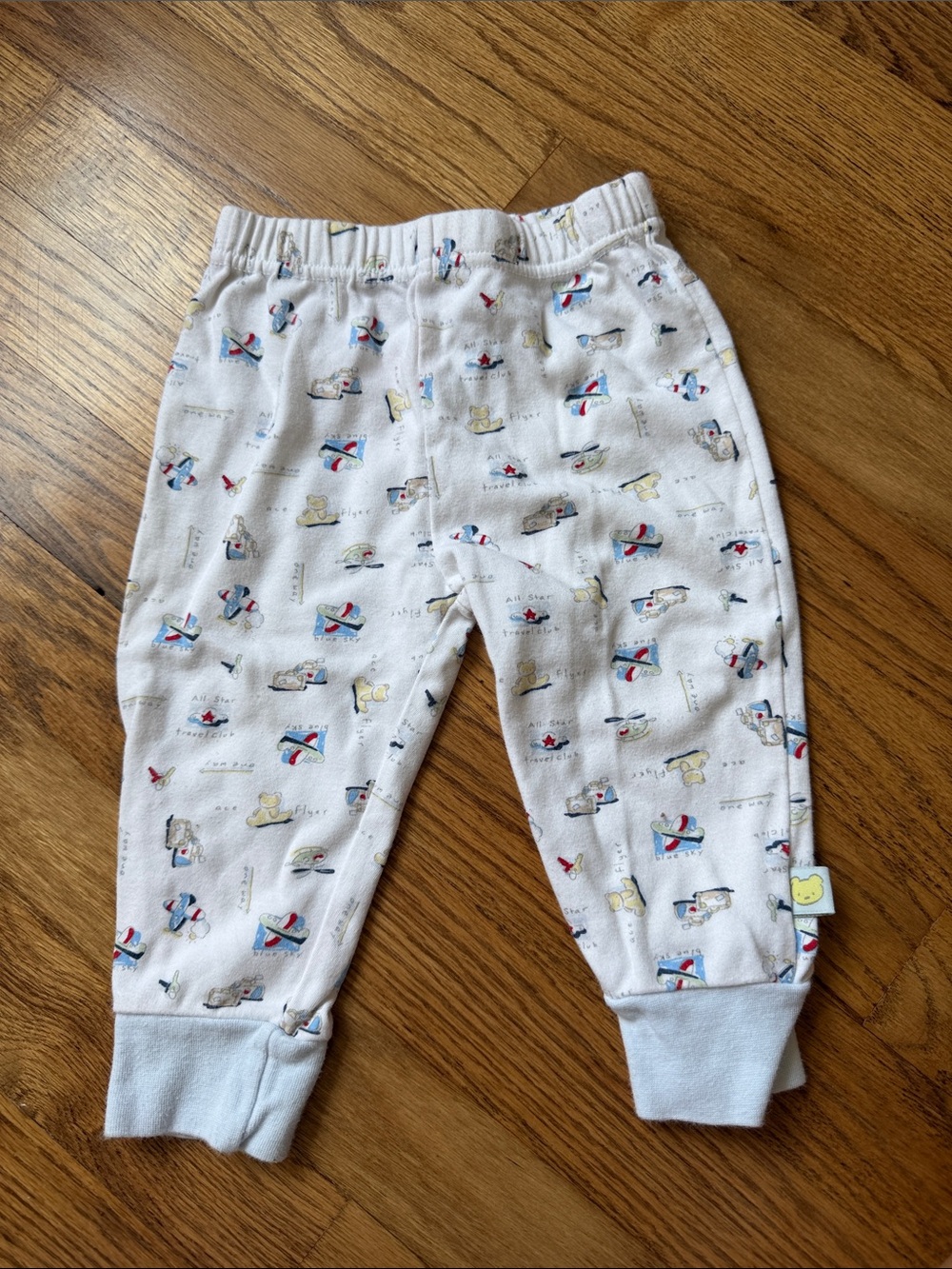 Vintage McBaby Printed Jogger Pants - Airplane & Bear Pattern, Light Blue Cuffs